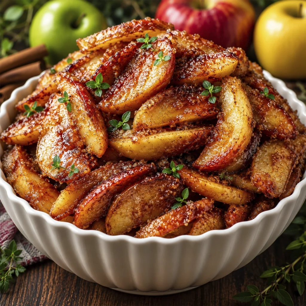 Crispy caramelized apple slices coated with cinnamon sugar and served in a white ceramic bowl.