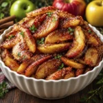 Crispy caramelized apple slices coated with cinnamon sugar and served in a white ceramic bowl.