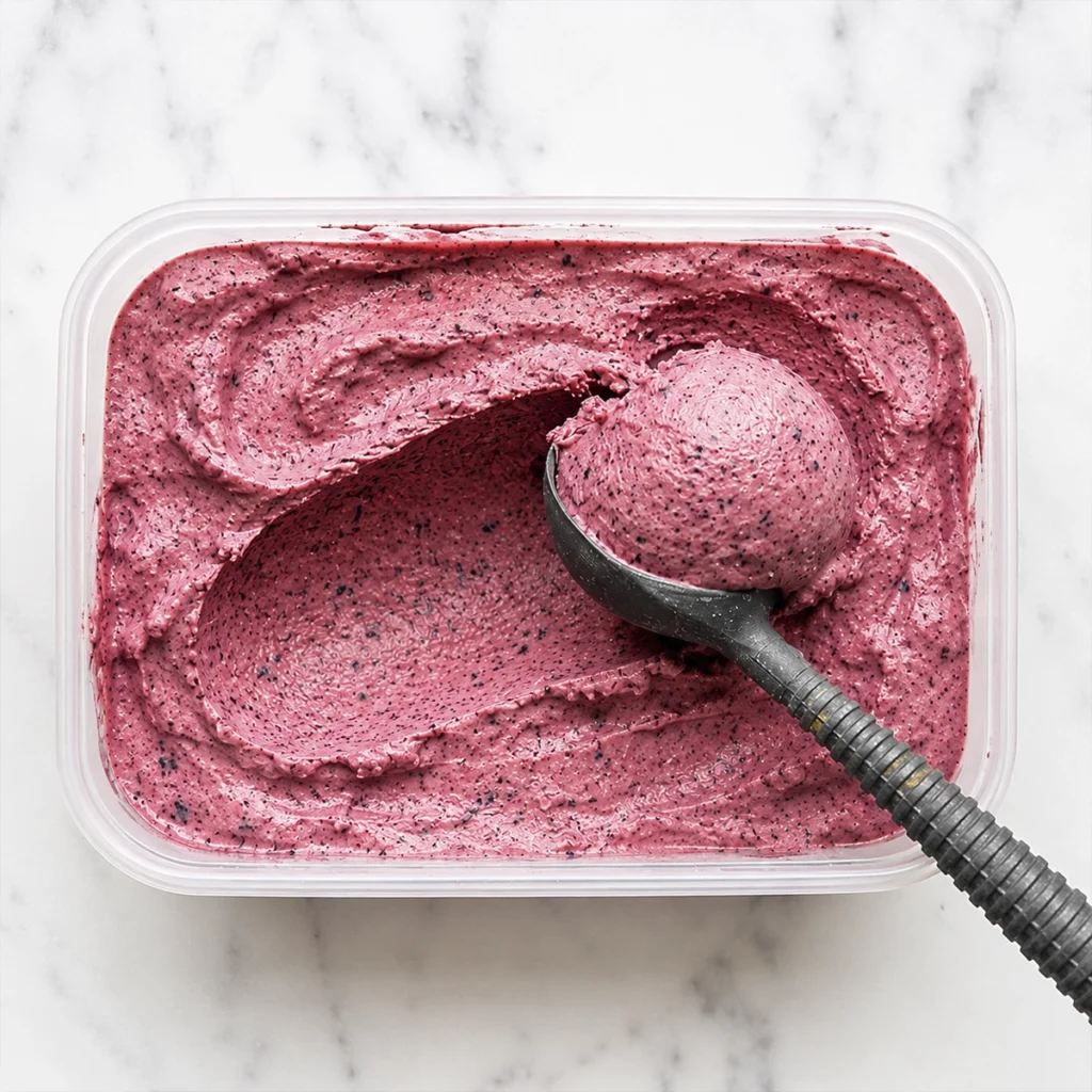 Creamy homemade mixed berry frozen yogurt with a fresh scoop and dark berry flecks in a freezer container.