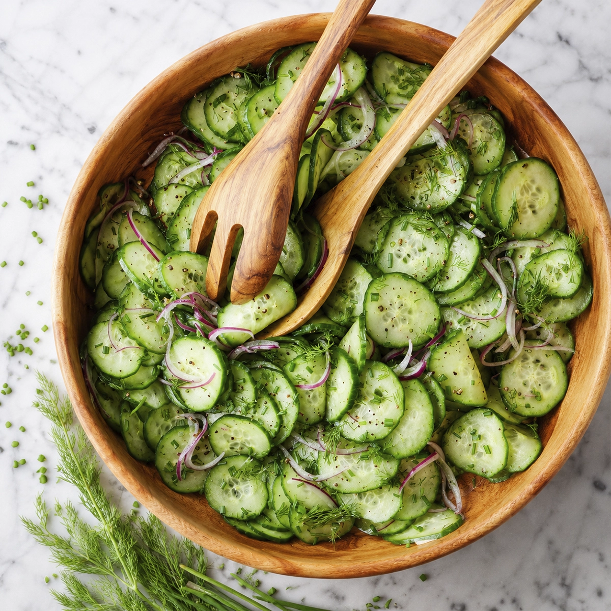 Fresh cucumber salad with red onion, dill, and chives in a rustic wooden bowl with wooden serving utensils.