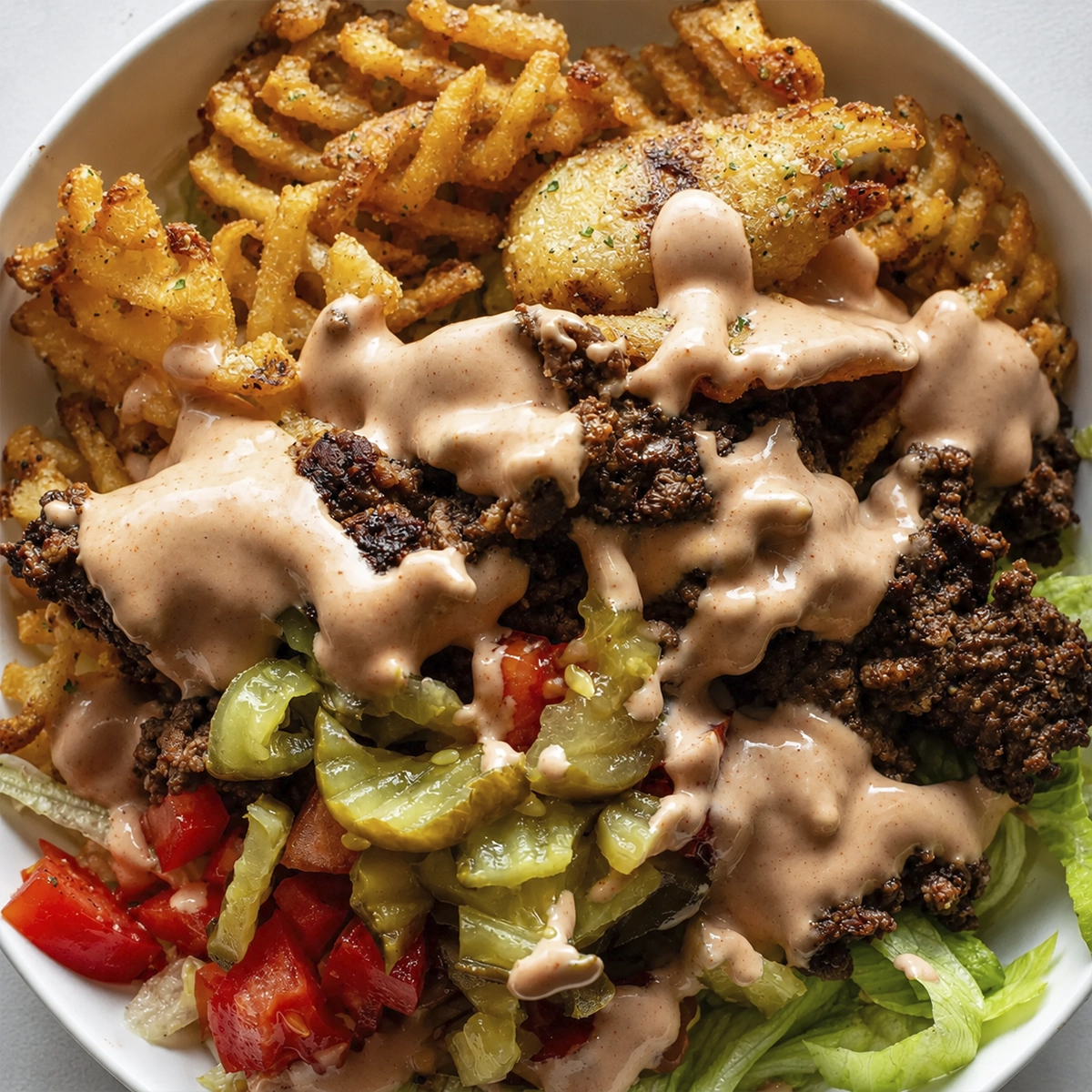Loaded cheeseburger salad bowl with seasoned ground beef, lettuce, tomatoes, pickles, crispy waffle fries, and creamy burger sauce.