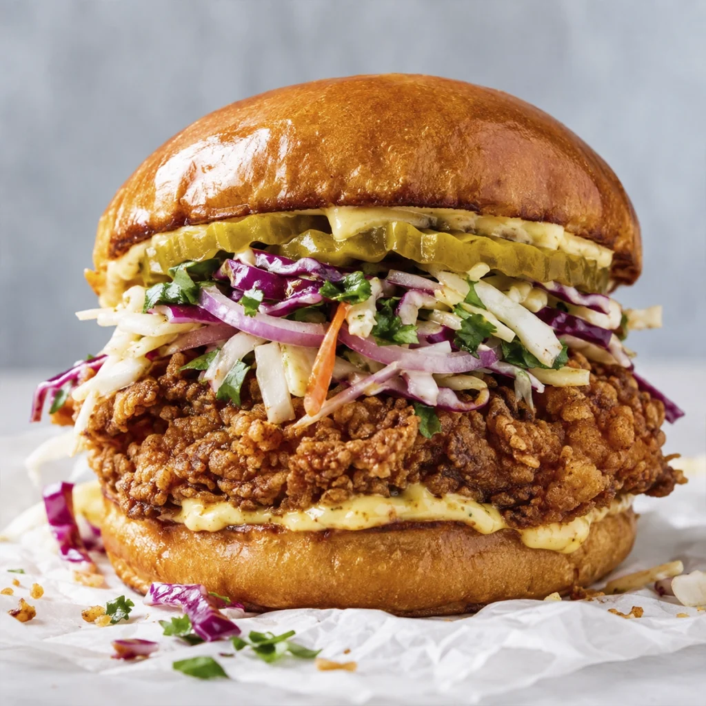 Crispy fried chicken sandwich with creamy sauce, crunchy cabbage slaw, dill pickles, and a toasted brioche bun.