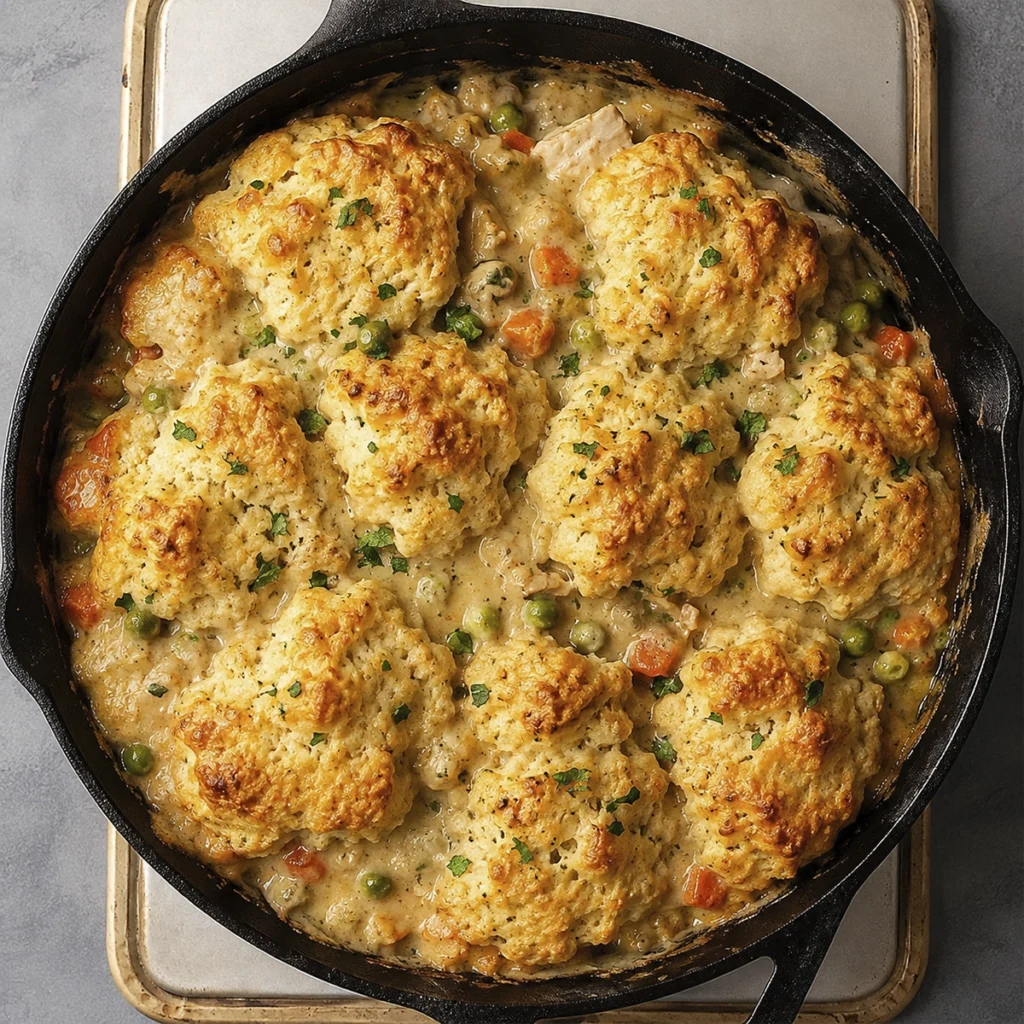 Golden chicken and biscuit casserole baked in a cast iron skillet with fluffy buttery biscuits and creamy chicken filling.