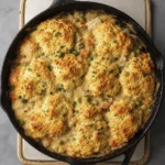 Golden chicken and biscuit casserole baked in a cast iron skillet with fluffy buttery biscuits and creamy chicken filling.