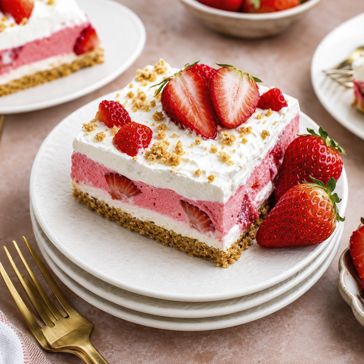 Layered strawberry cheesecake dessert with fresh strawberries, whipped cream, strawberry mousse, and a graham cracker crust.