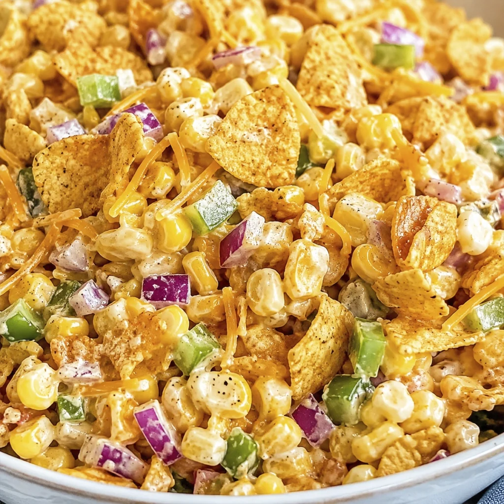 Creamy Frito Corn Salad with sweet corn, cheddar cheese, red onion, green bell pepper, and crunchy corn chips.