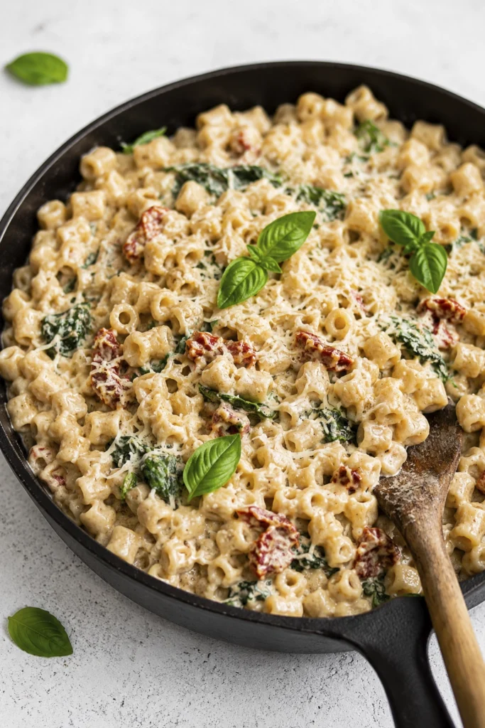 Creamy garlic parmesan ditalini pasta with spinach, sun-dried tomatoes, fresh basil, and grated parmesan served in a cast iron skillet.