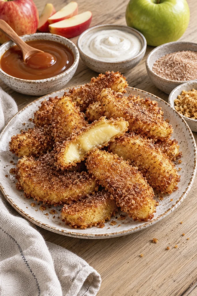 Crunchy apple wedges in a ceramic bowl with one piece dipped in warm caramel sauce