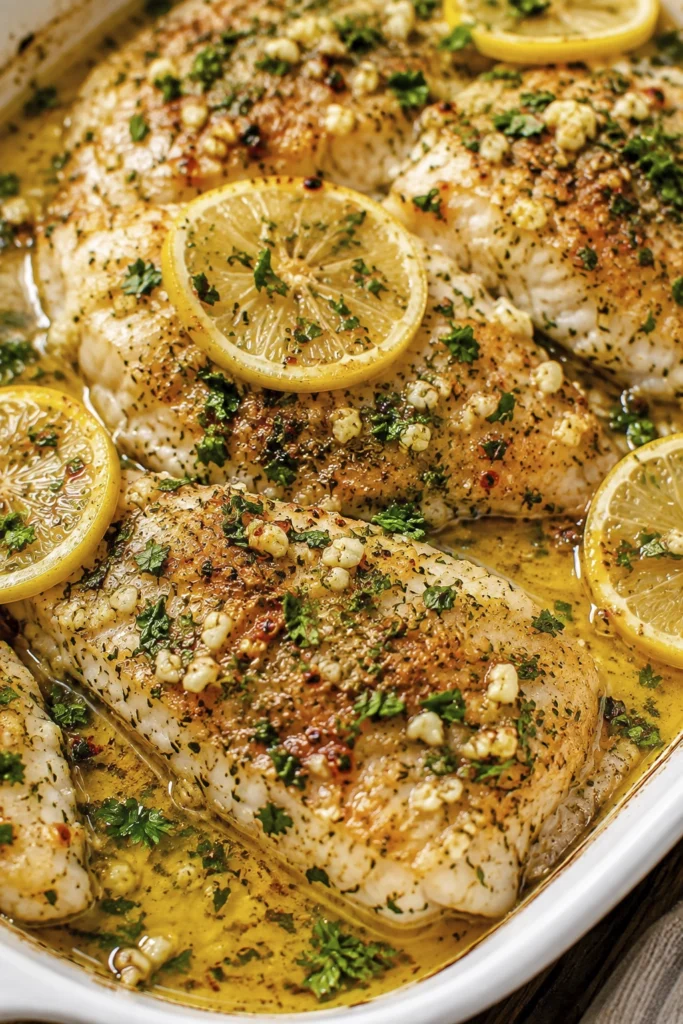 Close-up of baked garlic butter lemon fish fillets topped with fresh parsley and lemon slices in a rich buttery sauce.