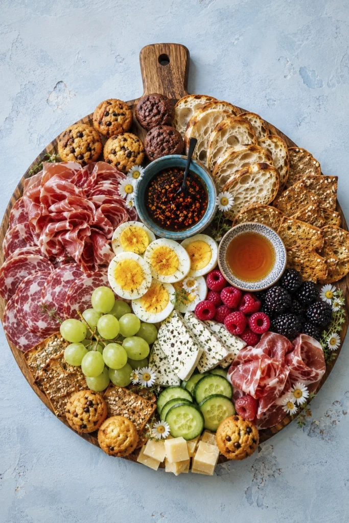 Overhead breakfast grazing board with boiled eggs, prosciutto, cheese, grapes, berries, cucumber, muffins, bread, crackers, honey, and chili oil.