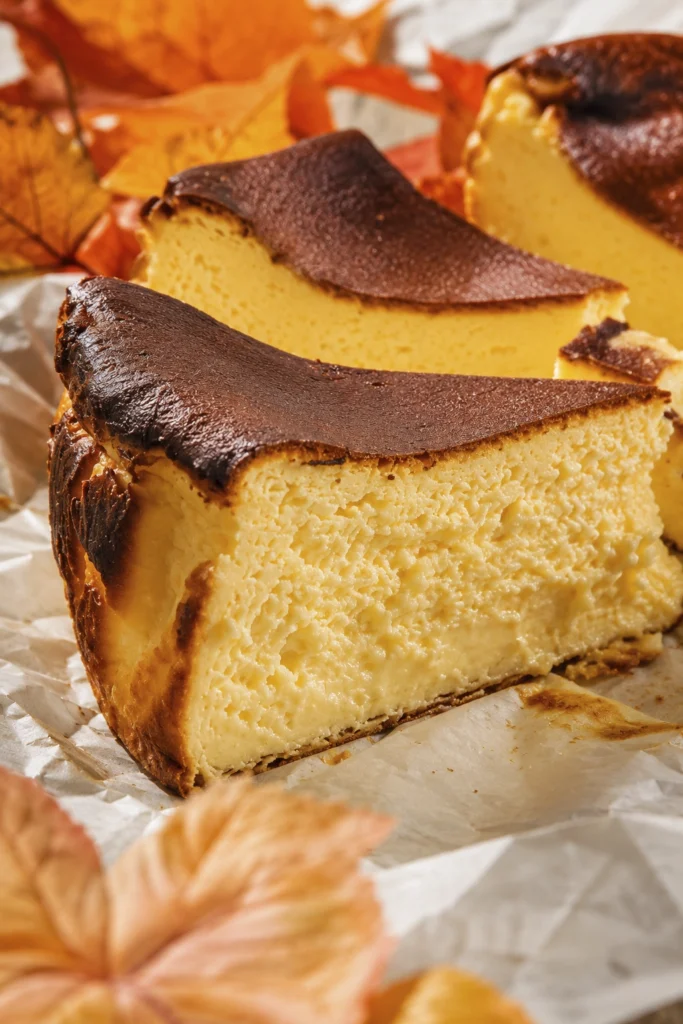 Slice of Basque burnt cheesecake with a dark caramelized top and creamy golden center surrounded by autumn leaves.