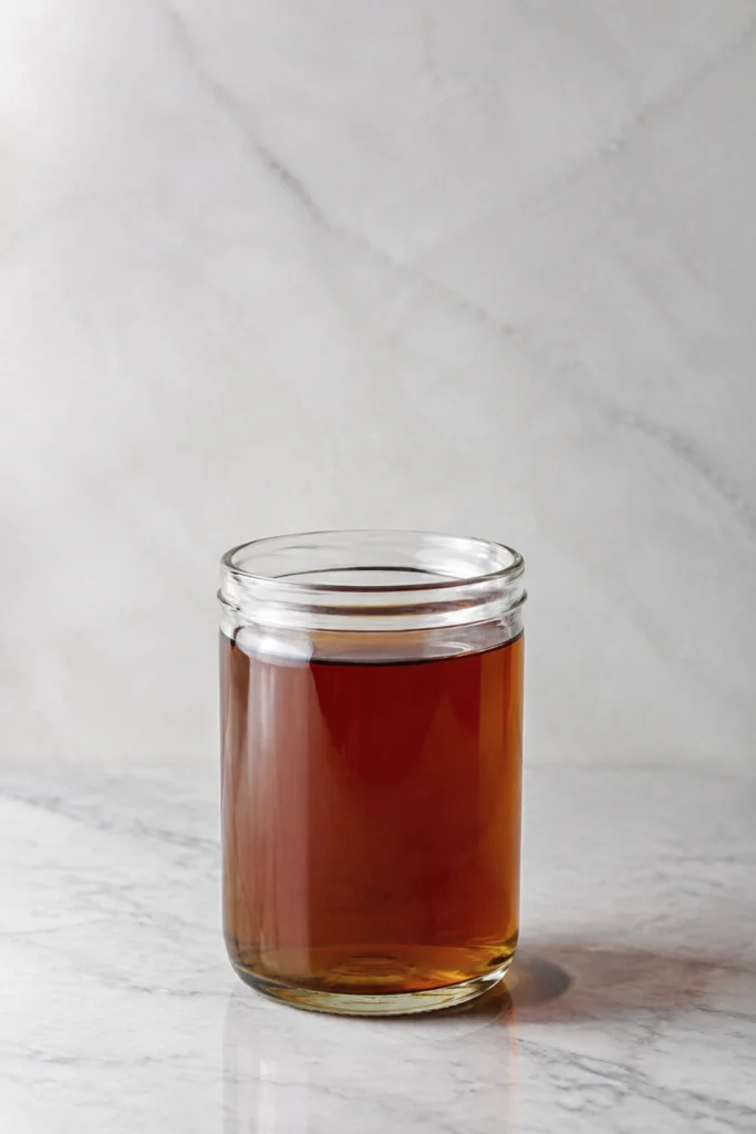 Freshly brewed black tea in a clear glass jar on a light gray kitchen countertop.