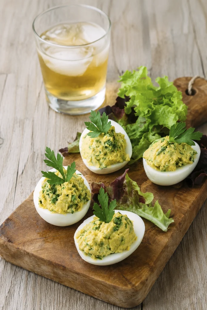 Herb stuffed eggs with creamy yolk filling and fresh parsley served with lettuce on a rustic wooden board.
