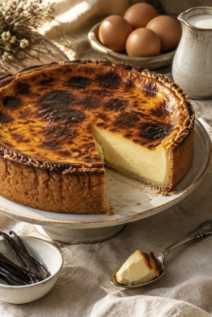 Traditional French baked custard tart with thick vanilla filling, caramelized brown top, and crisp buttery pastry crust.