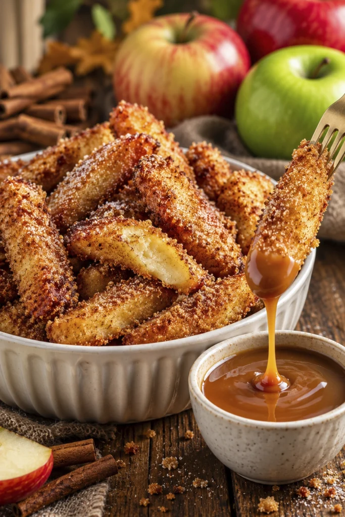 Golden cinnamon apple fries served with caramel, vanilla dip, fresh apples, and cinnamon sugar