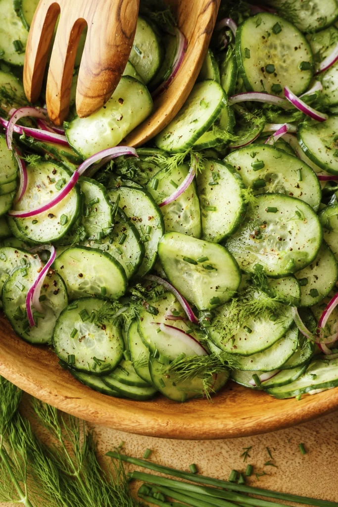 Fresh cucumber and red onion salad being tossed with vinaigrette in a clear glass mixing bowl.