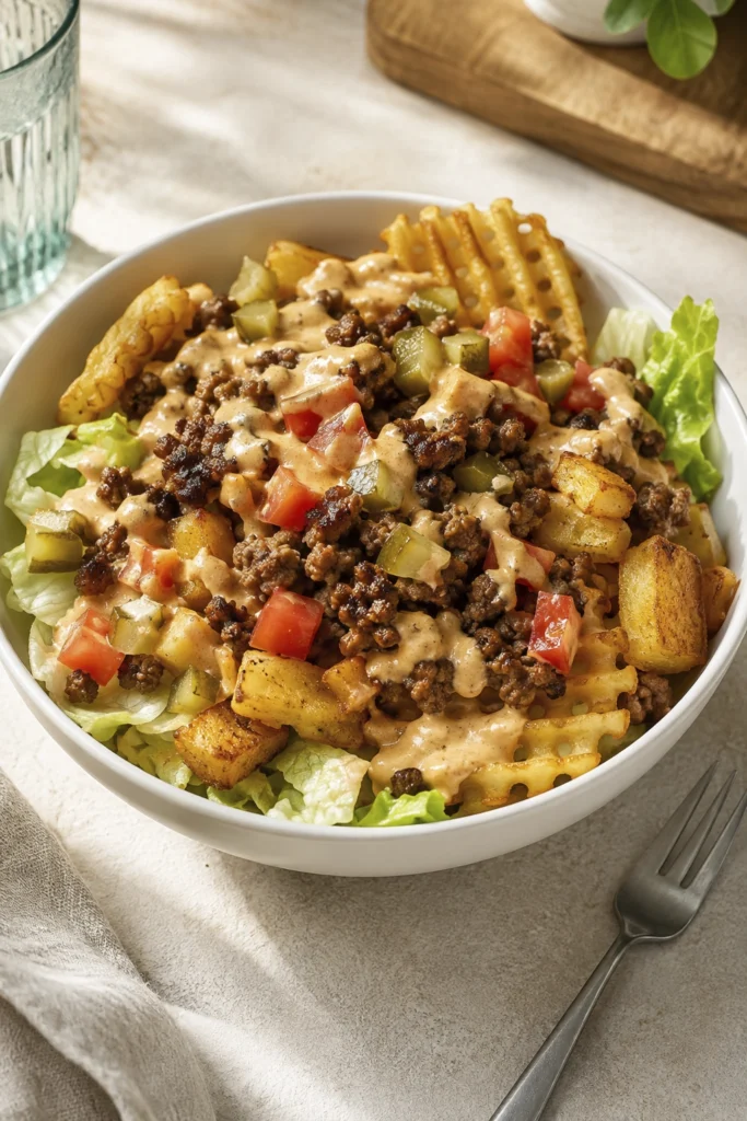 Cheeseburger bowl maison garni de bœuf haché, pommes de terre dorées, cheddar, laitue, tomates, cornichons, oignon rouge et sauce burger crémeuse.