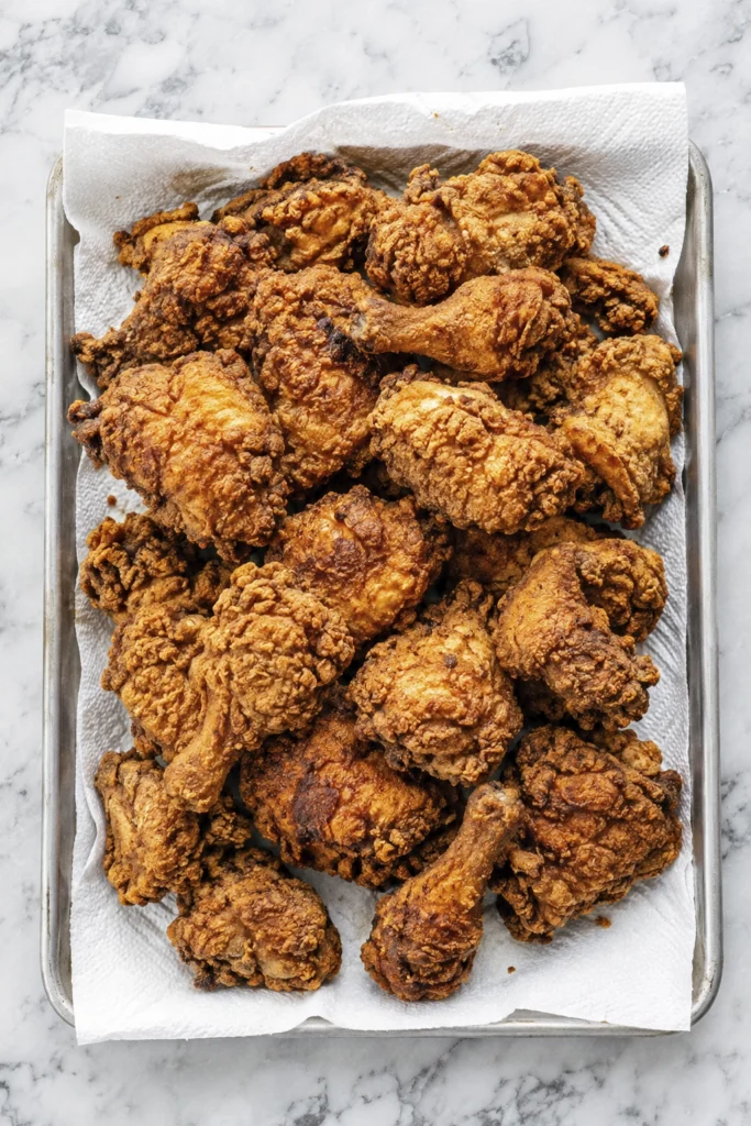 Crispy homemade fried chicken pieces with golden seasoned breading draining on white paper towels.