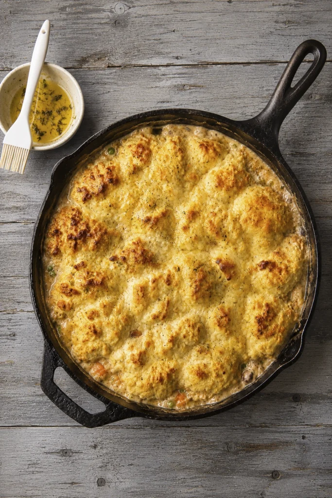 Homemade chicken and biscuit casserole with creamy chicken gravy, vegetables, and golden drop biscuits baked in a cast iron skillet.