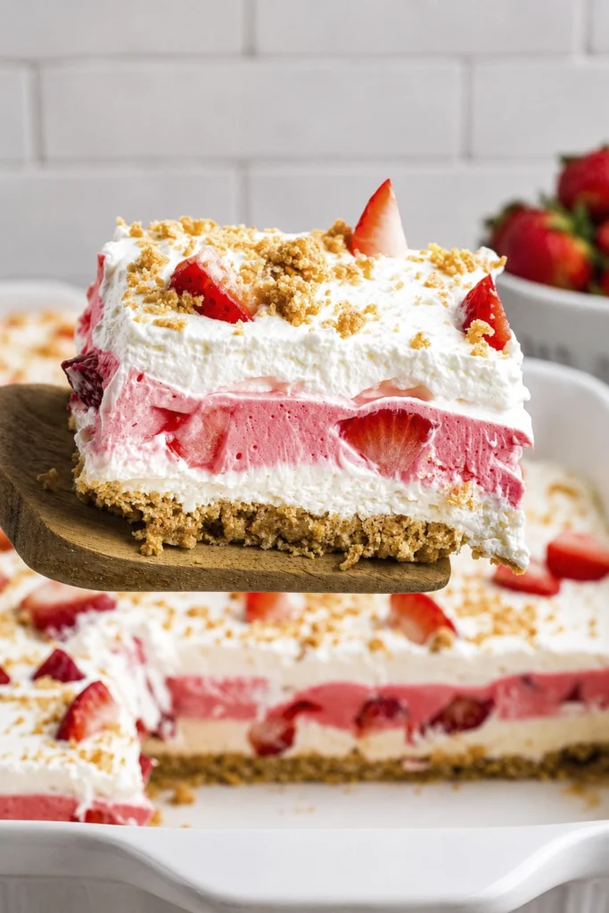 Layered strawberry cheesecake dessert with fresh strawberries, creamy pink filling, whipped topping, and graham cracker crust.