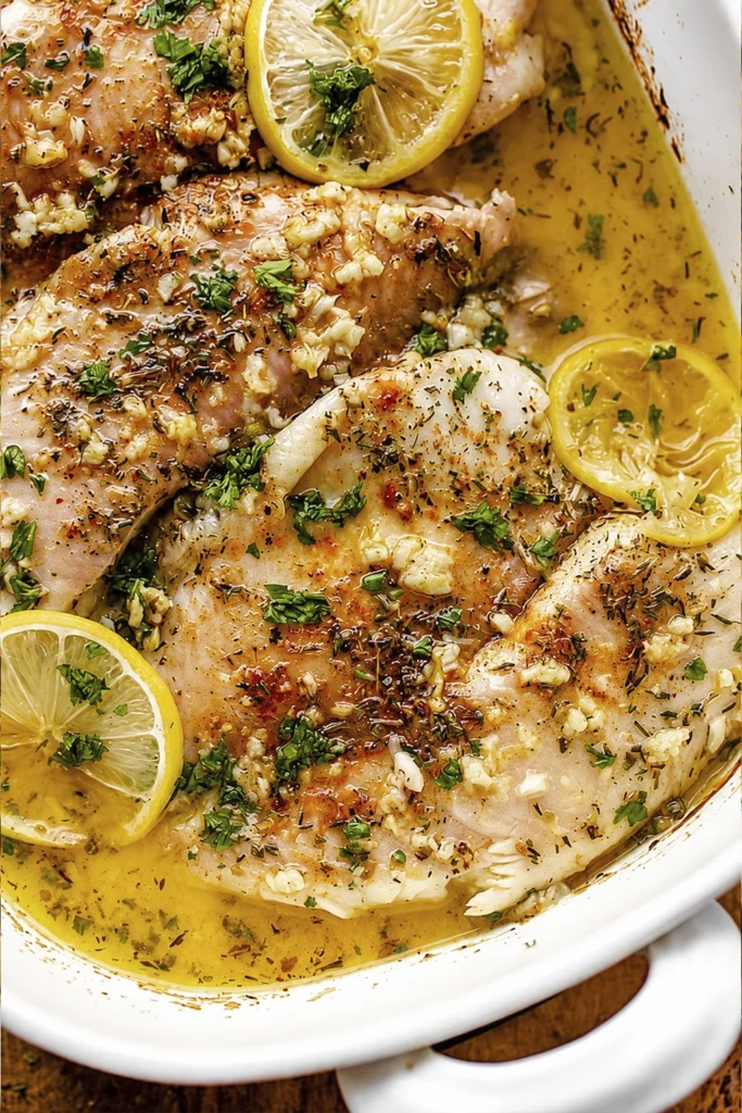 Overhead view of baked garlic butter lemon fish fillets topped with fresh parsley, garlic, herbs, and lemon slices in a rich buttery sauce.
