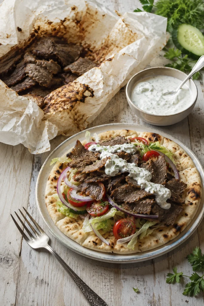 Crispy seasoned gyro meat on pita with tomatoes, lettuce, red onion, cucumber, and tzatziki sauce