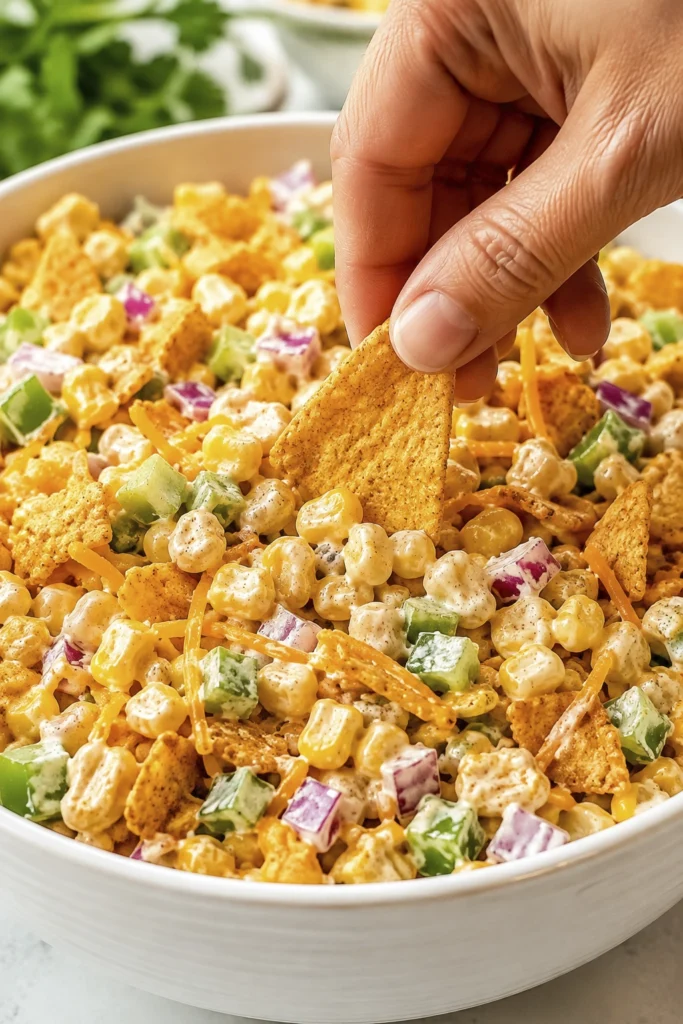 Frito Corn Salad with sweet corn, cheddar, red onion, green bell pepper, and crunchy corn chips in creamy dressing.