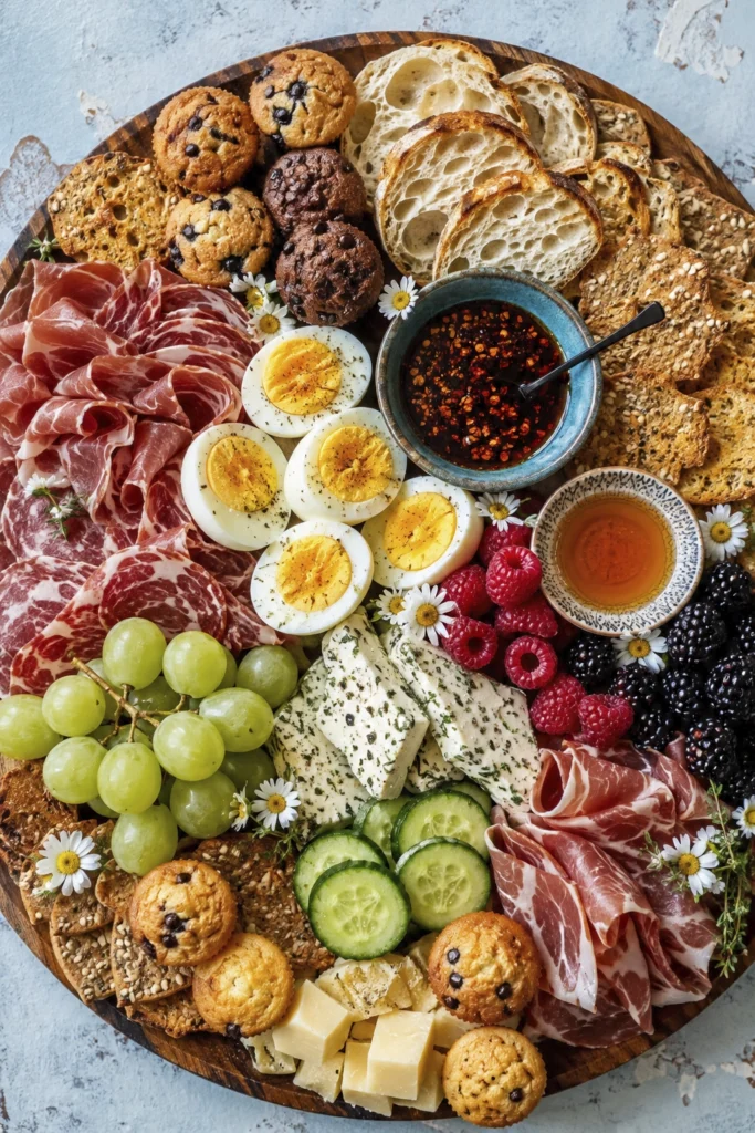 Overhead brunch grazing board with boiled eggs, prosciutto, cheese, grapes, berries, cucumber, bread, muffins, crackers, honey, and chili oil.