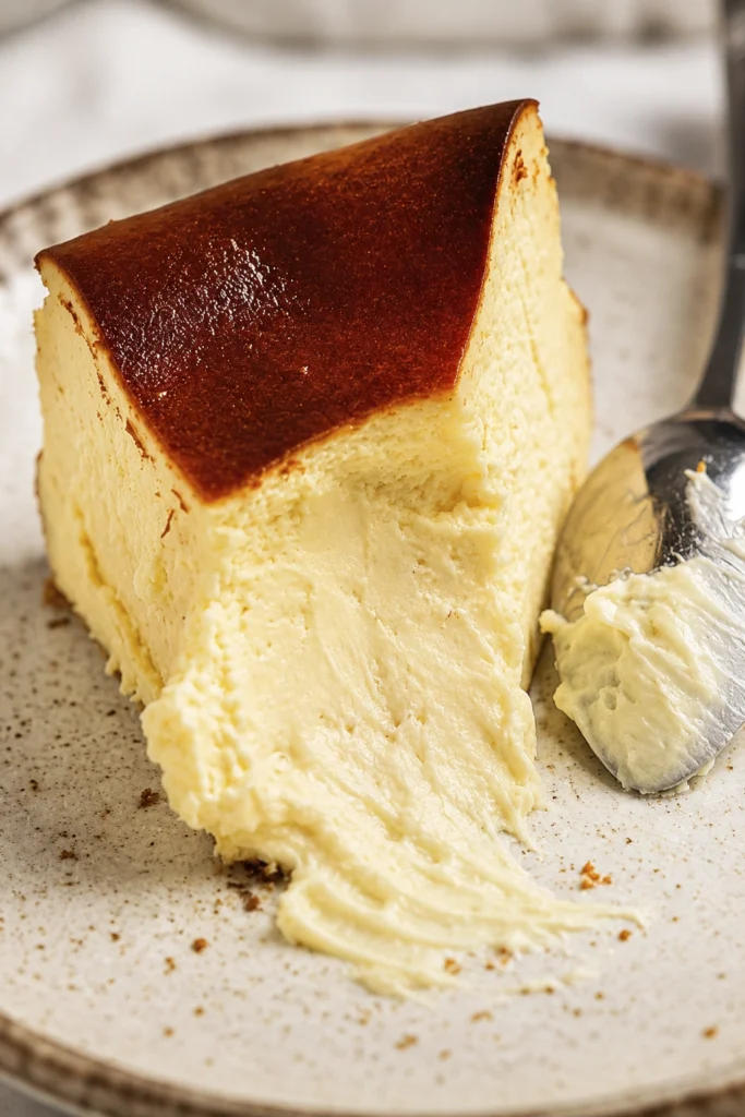 Creamy Basque burnt cheesecake slice with a caramelized brown top and soft custard center on a ceramic plate.