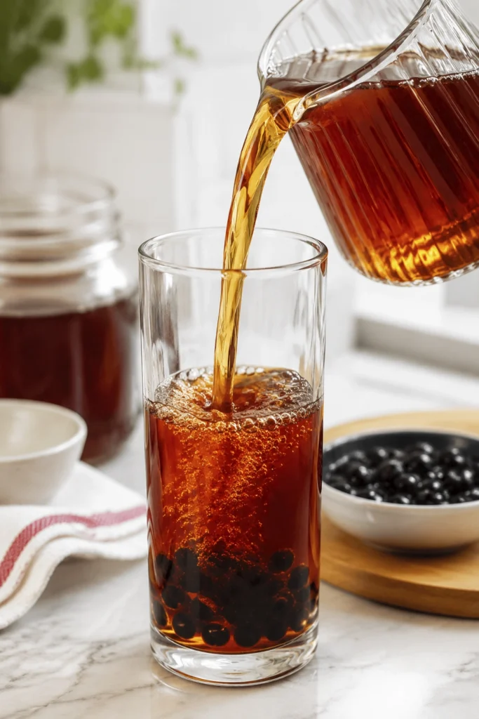 Freshly brewed black tea pouring from a glass pitcher into a tall glass with tapioca boba pearls.