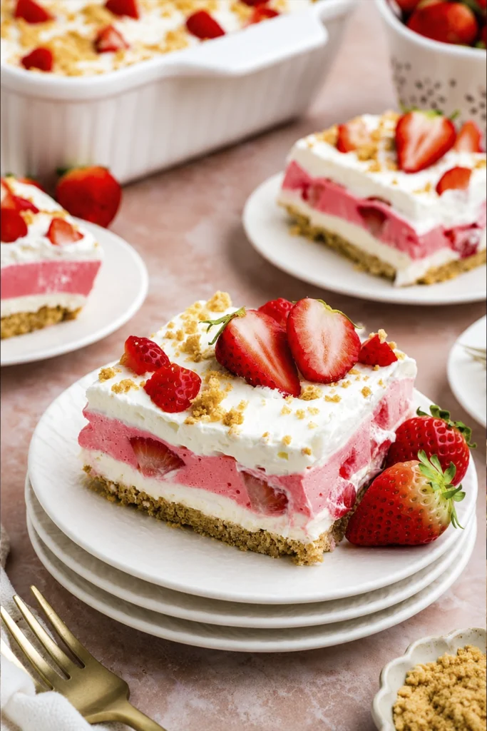 Layered strawberry cheesecake dessert with fresh strawberries, creamy pink filling, whipped topping, and graham cracker crust.