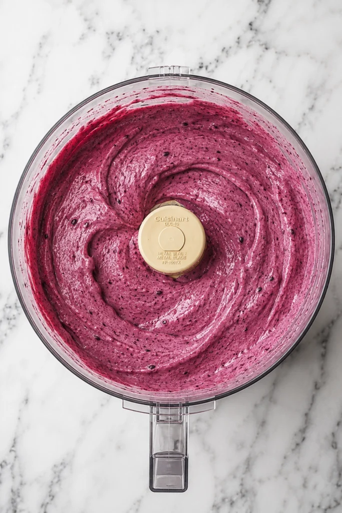 Thick mixed berry frozen yogurt blended in a food processor on a white marble countertop.