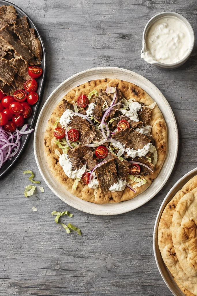 Homemade beef gyro served on warm pita with lettuce, cherry tomatoes, red onion, and creamy tzatziki
