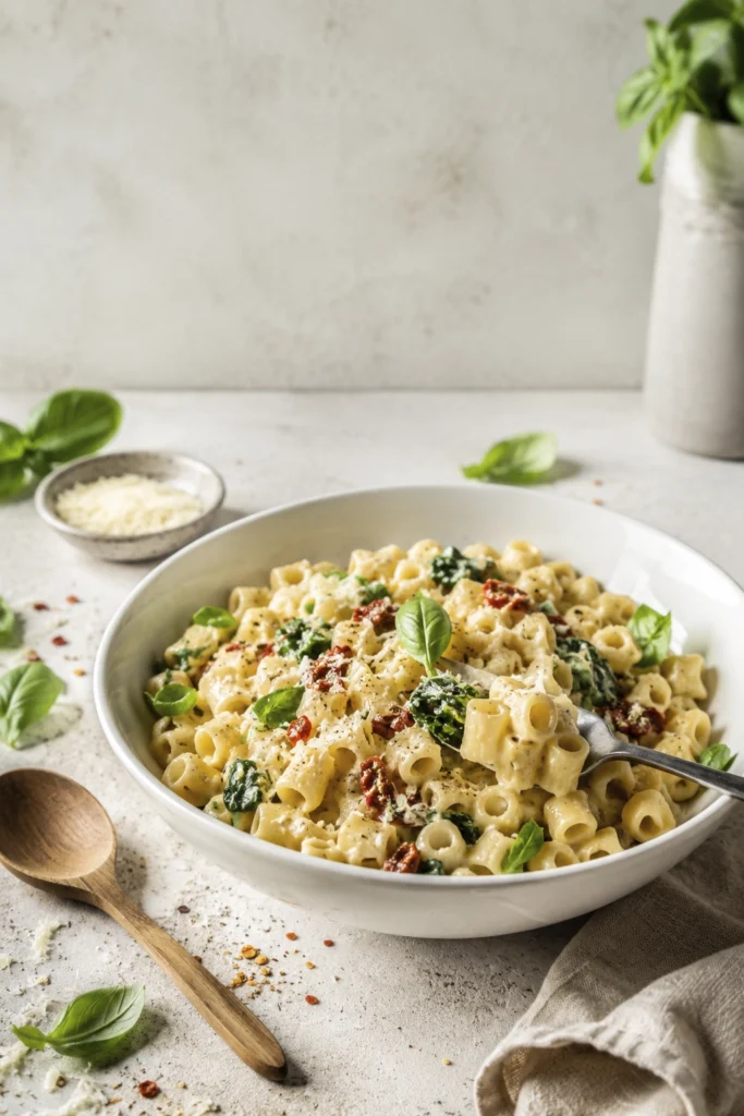 Creamy parmesan ditalini pasta with spinach, sun-dried tomatoes, basil, and grated cheese served in a cast iron skillet.