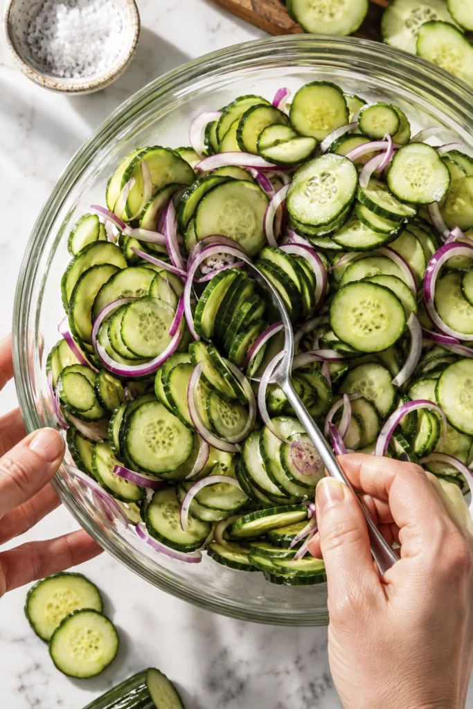 Close-up of fresh cucumber salad with red onion, dill, chives, black pepper, and light vinaigrette in a wooden bowl.