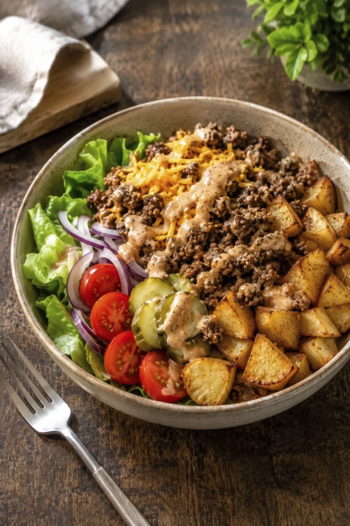 Cheeseburger bowl avec bœuf haché croustillant, frites gaufrées, pommes de terre, laitue, tomates, cornichons et sauce burger crémeuse.